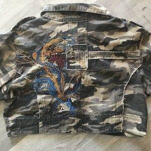 NWOT D. Touch Camo Embroidered Bird Peacock Cropped Military Look Jacket sz Med